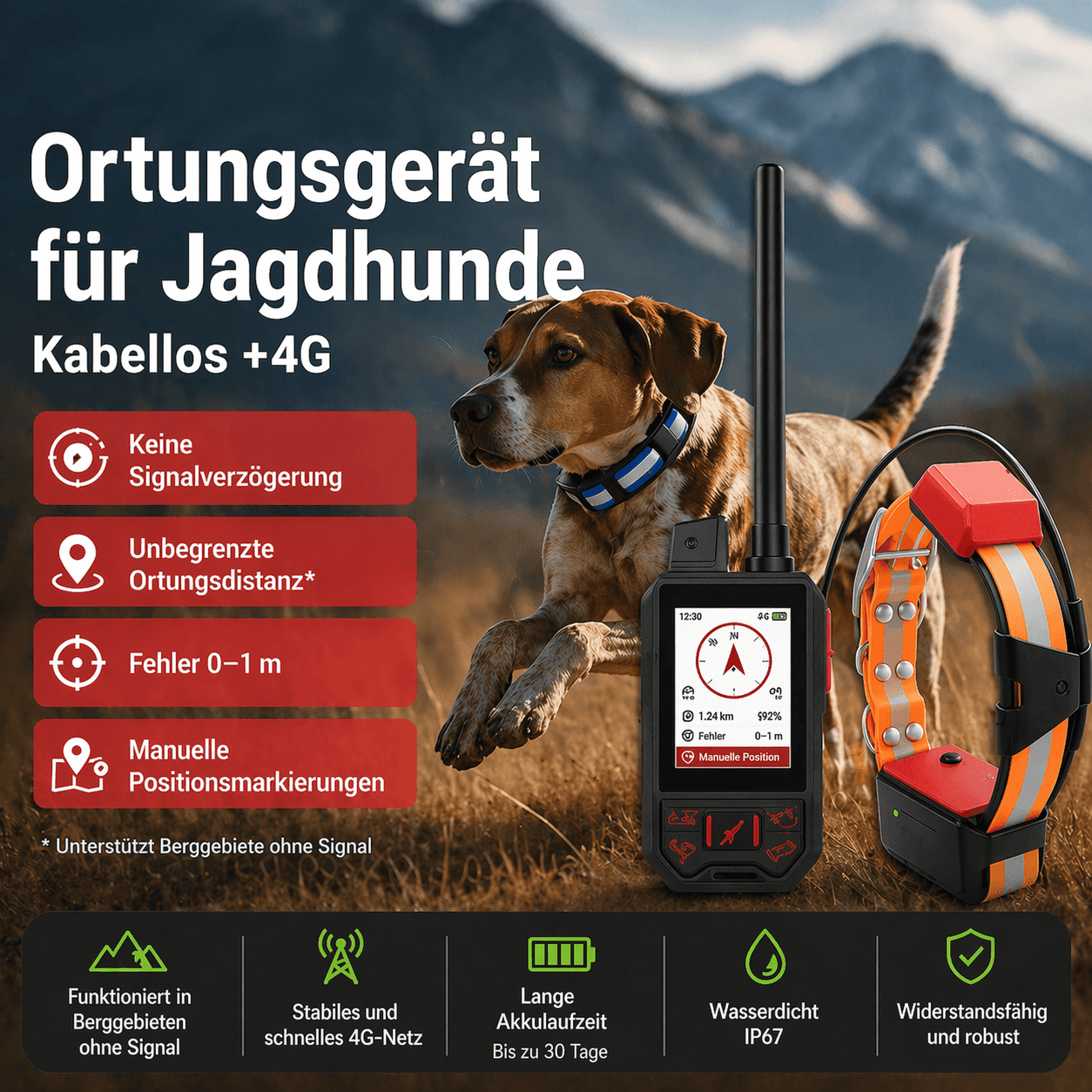 Professioneller Ortungsgerät für Jagdhunde (Empfänger + Halsband) für Gebiete ohne Signal